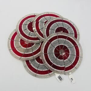 Shanga African Maasai Handmade Red White Silver Beaded Coasters 4 1/2” Set of 6